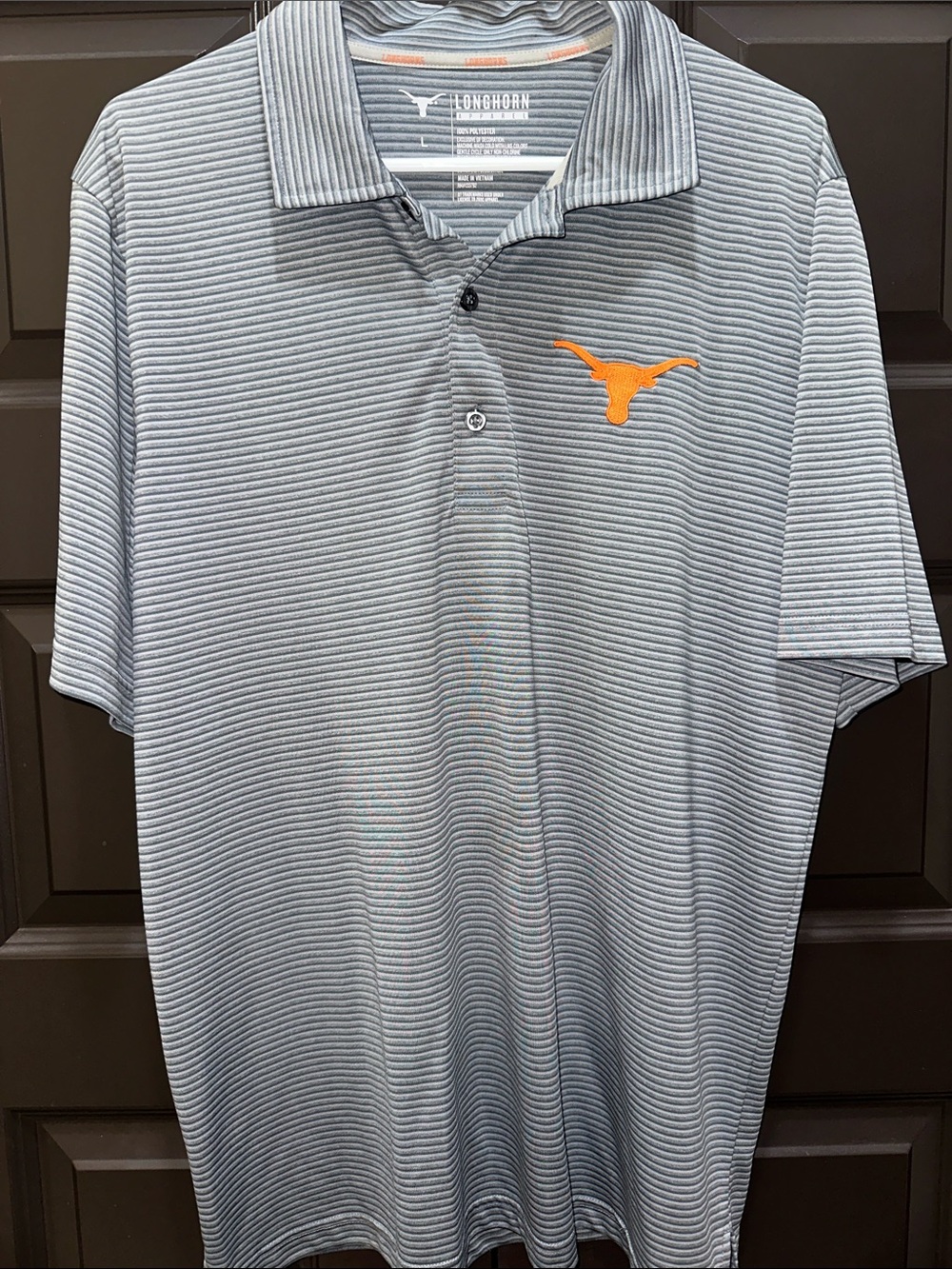 Men's Gray Striped Polo with University of Texas Longhorn Orange Logo